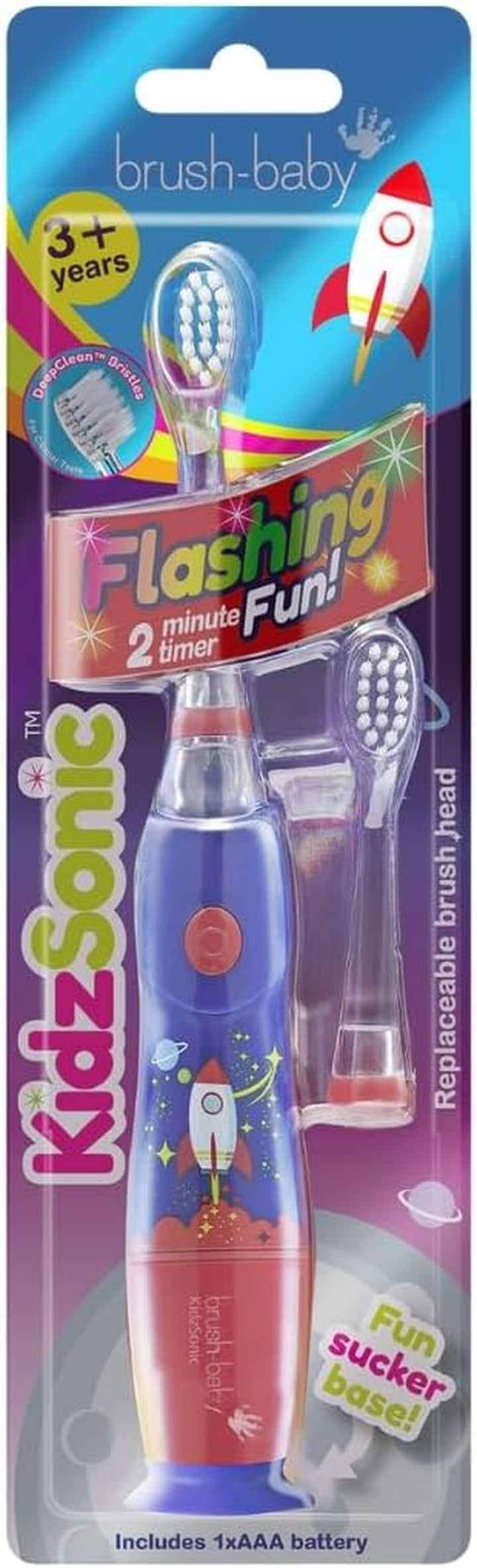 - Rocket Kidzsonic Kids Electric Toothbrush, 3+ Years - Deepclean Bristles, Suction Base - Fun Design with Flashing Disco Lights - 2 X Replacement Heads & 1 X AAA Battery