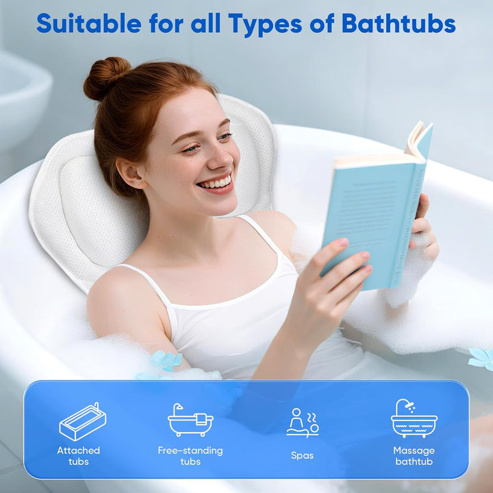 Full Body Bath Pillow Mat & Cushion, Bathtub Pillow Headrest with Comfort Soft 5D Air Mesh and 16 Powerful Suction Cups for Women Spa Relaxing Fits All Bathtub