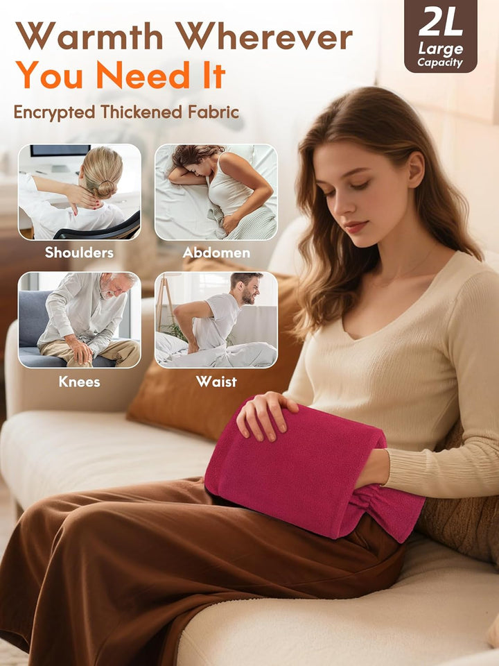 Hot Water Bottle with Fleece Cover - 2L Large Leakproof Hot Water Bag - Soft Hot Water Bottle with Hand Pocket and Natural Rubber -For Hands, Feet, Shoulders, Neck, Abdomen, Legs (Red)