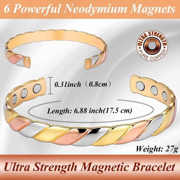 Lymphatic Drainage Copper Bracelet for Women Ultra Strength Magnet Solid Pure Copper Magnetic Bracelet Adjustable Cuff Bangle with Present Box (Tricolour Pattern)