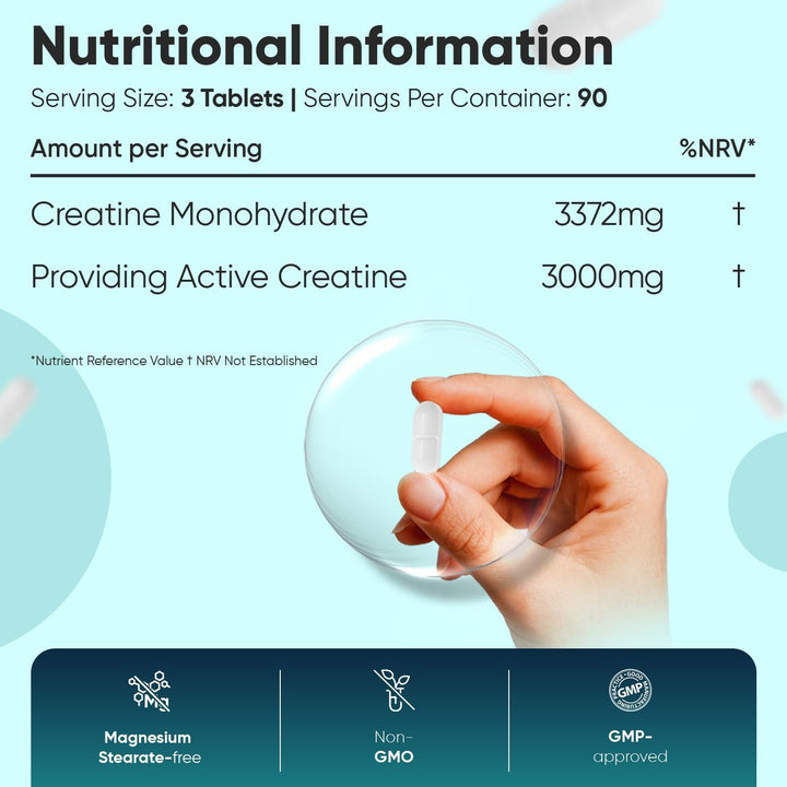 Creatine Monohydrate Tablets - 270 Unflavoured Creatine Tablets - Vegan & Keto-Friendly - 3 Months Supply - Non-Gmo & Magnesium Stearete-Free - for Men & Women