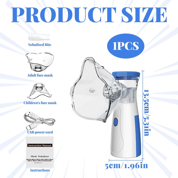 Portable Nebulizer Machine for Adults & Kids - Adjustable Silent Nebuliser with 2 Masks (1 Big + 1 Small) & Mouthpiece - Home & Travel Steam Inhaler (Blue)