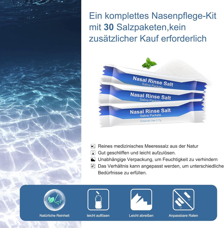 Neti Pot Sinus Rinse Bottle Nose Wash Cleaner Pressure Rinse Nasal Irrigation for Adult & Kid BPA Free 300 ML with Nasal Wash Salt Packets and Sticker Thermometer(Cyan Blue)