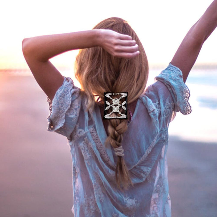 Double Clip Magic Elastic Beaded Hair Combs, 3PCS Double Sided Clips for DIY Hairstyling, Girls & Women Hair Accessories (Flowers)