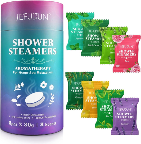 Shower Steamers Aromatherapy for Women and Men 8 Pack, 8 Scents Shower Bombs with Natural Essential Oils for Home Spa Self Care, Stress Relief and Relaxation, Nasal Relief, Birthday Gifts