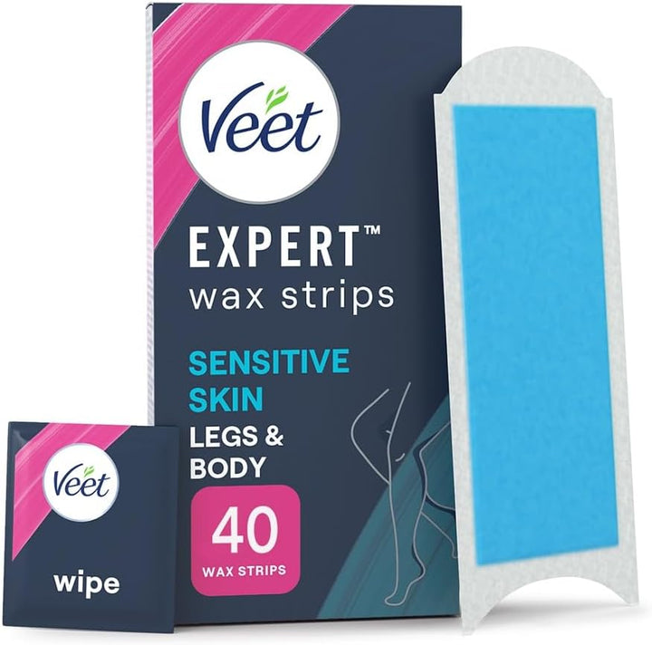 Expert Cold Wax Strips, 40 Count + 4 Finish Wipes, Hair Removal Kit for Smooth Legs, Gentle Solution for Delicate Skin, Easy and Effective Use