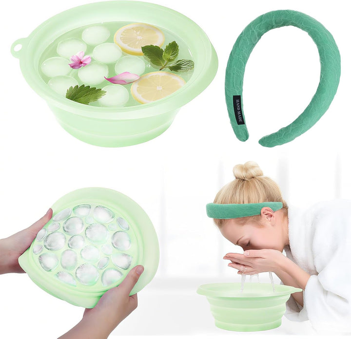 Silicone Ice Bowl for Face with Hairband,Collapsible Facebowl with Built-In Icetray,Washbowls for Facial Ice Bath,Portable Silicone Wash Basin for Facial Cleansing & Beauty,Home Travel Use(Green)