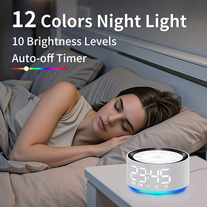 Sound Machine White Brown Noise Machine with 30 Sleeping Sounds for Baby Kids Adults Night Light Bedroom Alarm Clock 2 Alarms Backup Battery 32-Level Vol 15 Wake up Sounds for Mild Heavy Sleeper