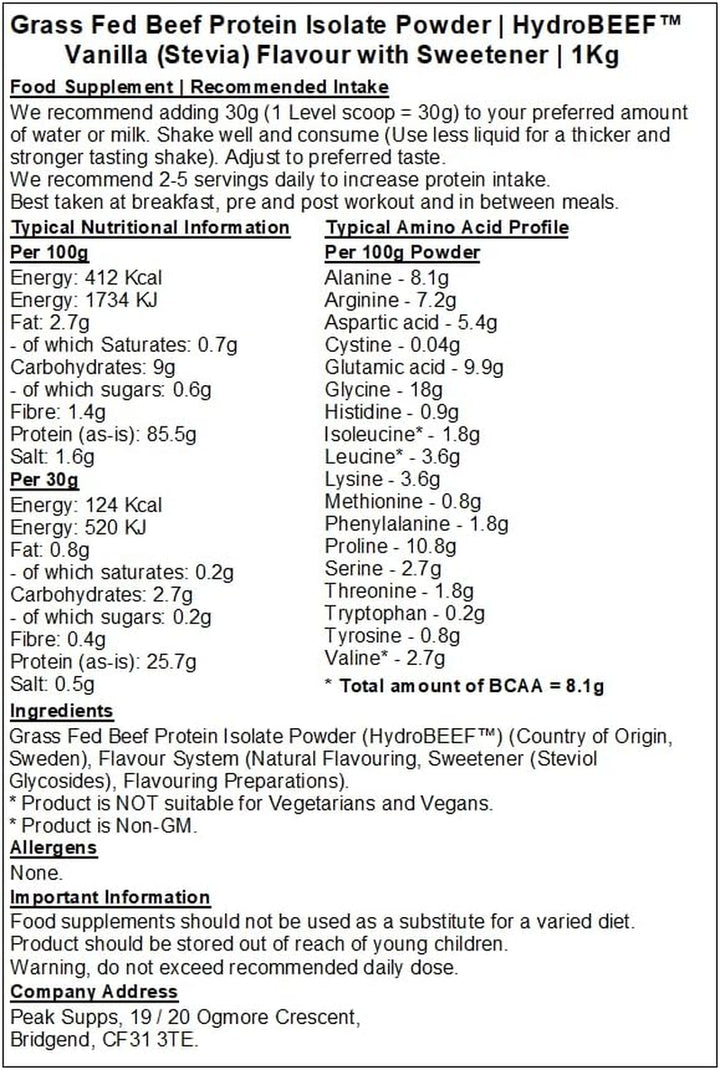 Grass Fed Beef Protein Isolate 95% - Hydrobeef™ | Vanilla Stevia Flavour (1Kg)