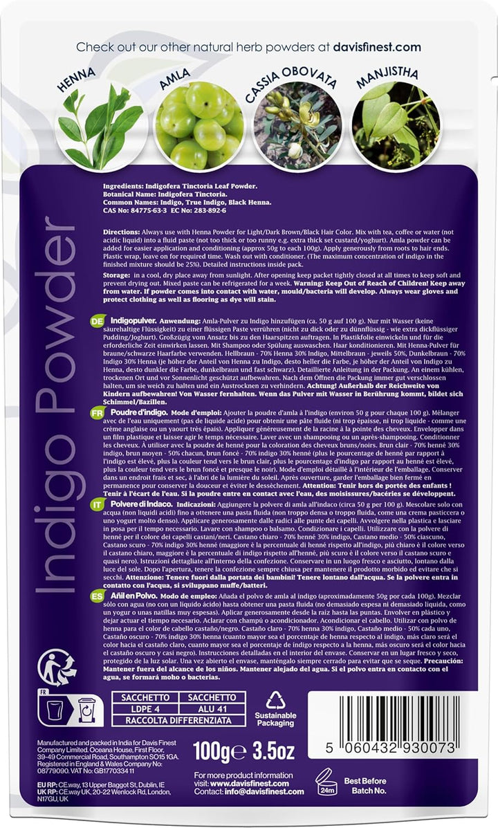 Organic Indigo Powder Black Henna Hair Dye 100G, Natural Hair Colour Beard Dye