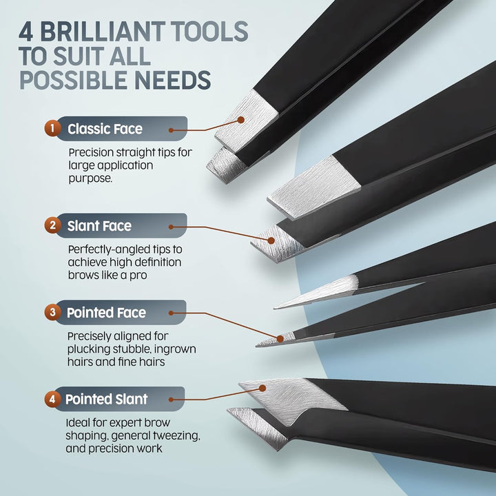 Professional Tweezers for Facial Hair Women and Men - Stainless Steel Precision Tweezers for Ingrown Hair (4 Pcs)