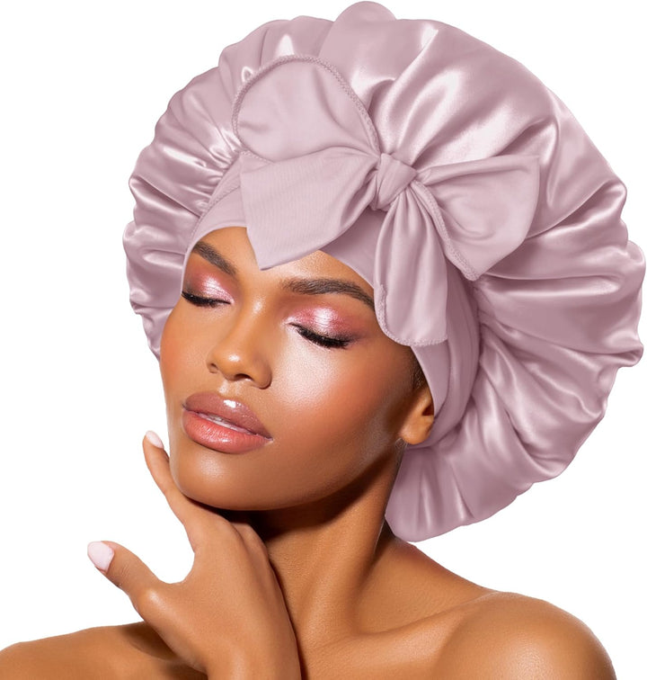 Silk Bonnet for Sleeping for Curly Hair, Satin Bonnet Hair Wrap for Women & Men, Adjustable Silk Scarf Night Cap with Tie Band, Champagne