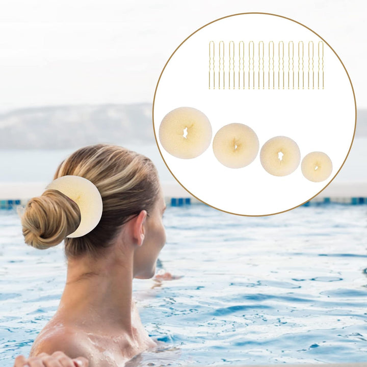 4Pcs Hair Donut Hair Bun Shaper Set,Chignon Bun Maker Hairring Style Accessories for Dancer Ballet Girls,4 Sizes Beige Donut Bun Maker and 12Pcs Golden Bobby Pins,Doughnut Bun Hairaccessories