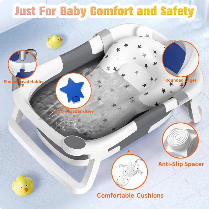 Baby Bath Tub Foldable,Portable Bath Newborn to Toddler with Non-Slip Mat,Drain Hole,No Thermometer,Grey