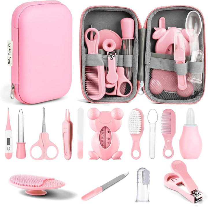 Baby Healthcare and Grooming Kit, Newborn Baby Care Accessories with Hair Brush, Comb, Nail Clippers, Thermometer, for Newborn Girls Boys(14 in 1, Pink)