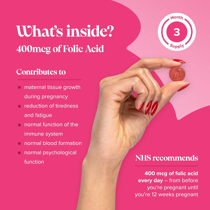 Folic Acid Gummies - 3 Month Supply of Folic Acid - High Strength 400 MCG - Prenatal Pregnancy Gummies Health & Maternal Tissue Growth during Pregnancy -