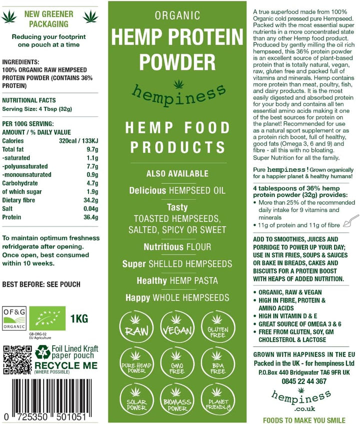 Organic Premium Raw Hemp Protein Powder 500G (36% Protein)