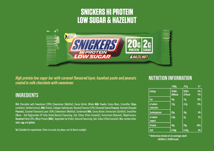 - High Protein Bars | Low Sugar, Only 2G of Sugar per Bar, Hazelnut and Milk Chocolate Flavour, 12 X 57G Box, 20G Protein