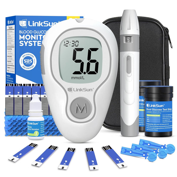 Blood Glucose Monitor Kit with 100 Test Strips & 100 Lancets, 500 Memory, Control Solution, Lancing Device, No Coding, G-425-3 Blood Sugar Monitor, Home Use Glucose Meter with Mmol/L Results