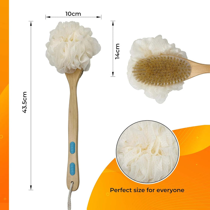 Back Scrubber 43Cm Long Wooden Handle, Double-Sided Shower Brush with Stiff Bristles and Loofah Exfoliates and Massages Skin, Ideal for Men and Women