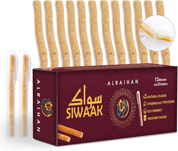 12Pcs Miswak Sticks with 2 Holders for Natural White Teeth- Original Siwak Traditional Arabian Toothbrush, Wooden Chew Sticks for Organic Teeth Cleaning & Mouth Care||Pack of 12