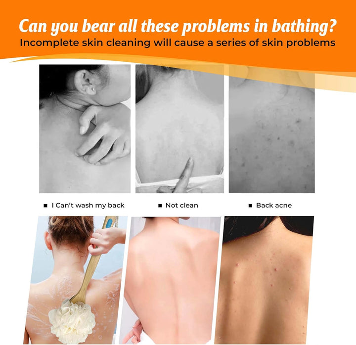 Back Scrubber 43Cm Long Wooden Handle, Double-Sided Shower Brush with Stiff Bristles and Loofah Exfoliates and Massages Skin, Ideal for Men and Women