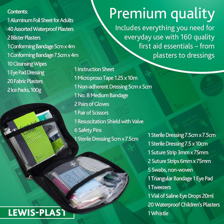 Lewis-Plast First Aid Kit Bag - 160 Piece Survival Kits - Safety Essentials for Travel Car Home Camping Work Hiking Holiday - Pack Supplies - Medium
