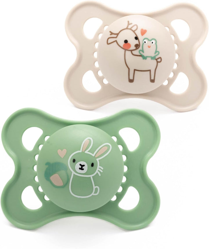 Original Soothers | 0-6 Months | 2 Pack | Comes in Dummy Steriliser Case | Sustainable Materials | Baby Accessories for Newborn | Cream/Green (Various Designs)