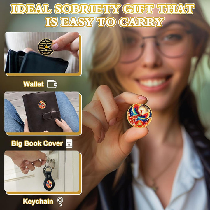 Phoenix of Light 8 Year Sobriety Coin, Rebirth in Fire AA Coin - Addiction Recovery Eignt Year Sober Medal with Token Capsule, Alcoholics Anonymous Sobriety Gifts for Men and Women
