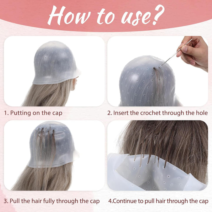 Punched Silicone Highlight Hair Cap with Needle, Professional Reusable Highlighting Poked Hole Caps with Hooks for Color Hair Salon Hairdressing Dyeing Staining Tools for Women Men