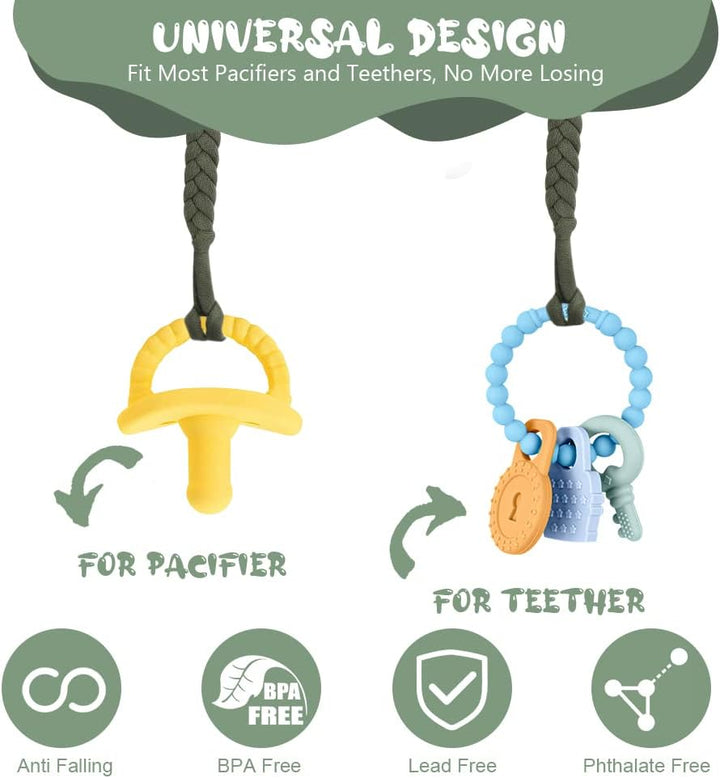 Dummy Clips Baby Pacifier Chain, 4 Pcs Baby Dummy Pacifier Chain with 4Pcs Clip Adapter, Silicone Ring Adapter, Soother Chain Holder Straps Teething Clips for Baby Teething Toys