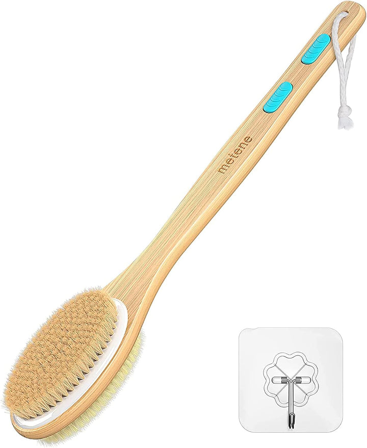 Back Scrubber for Shower, Shower Brush for Exfoliating Skin and a Soft Scrub, Double-Sided Body Brush Head for Wet or Dry Brushing, Long Wooden Handle Cleans the Body Easily