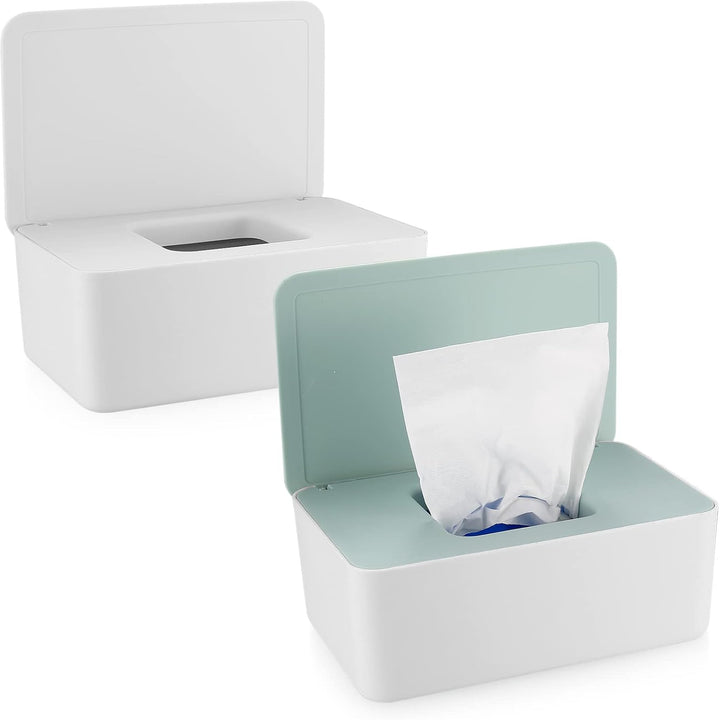 2 PCS Wipes Dispenser Case Box, Baby Dry Wet Tissue Paper Holder, Storage with Lid, Keep Fresh (White + Green Cover)