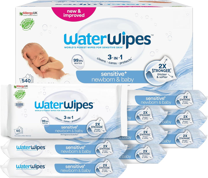 Sensitive+ Newborn & Baby Wipes, 720 Count (12 Packs), 3-In-1 Cleans, Cares, Protects, 99.9% Water, Unscented