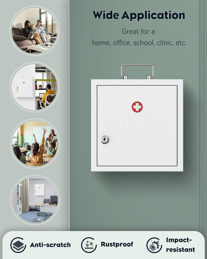 Wall Mount Medicine Cabinet with Key Lock & Handle Locking First Aid Lockable Medical Storage Box Medium Medicine Organizer Secure Steel Wall Cabinet Metal Storage Box, White