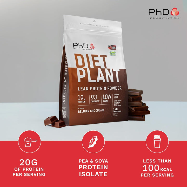 Nutrition Diet Plant, High Protein Lean Matrix, Vegan Diet Protein Powder, Belgian Chocolate, 19G of Plant Protein, 40 Servings per 1 Kg Bag (Packaging May Vary)
