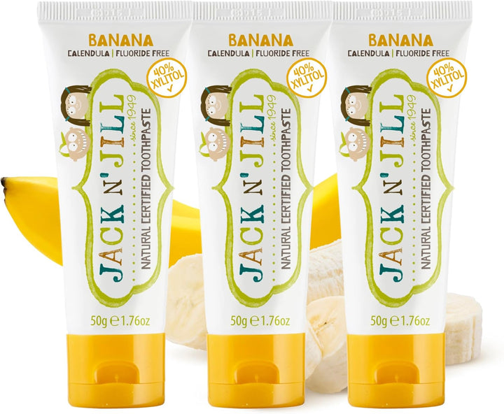 Jack N’ Jill Natural Certified Kids Toothpaste – Fluoride-Free Toddler & Baby Toothpaste with 40% Xylitol, No Sugar, Suitable from 6 Months+, Banana & Strawberry Flavour, Pack of 2 (50G Each)