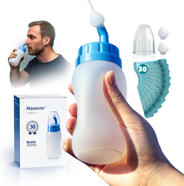 Neti Pot Sinus Rinse Squeeze Bottle Nose Wash Cleaner Pressure Rinse Nasal Irrigation for Adult & Kid BPA Free 300 ML with 30 Nasal Wash Salt Packets(Blue)