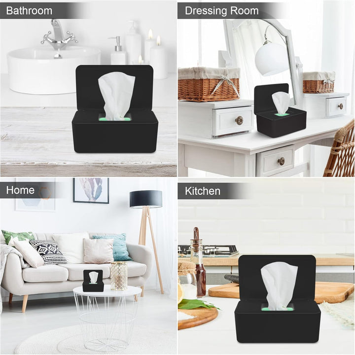 2 Pcs Wet Wipes Dispenser Box, Wet Wipes Storage Box with Lid Tissue Box Holder Rectangular, Baby Nappy Wipes Case for Toilet, Bathroom - Black