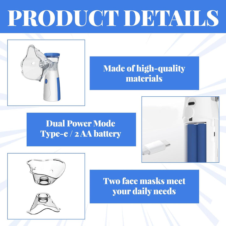 Portable Nebulizer Machine for Adults & Kids - Adjustable Silent Nebuliser with 2 Masks (1 Big + 1 Small) & Mouthpiece - Home & Travel Steam Inhaler (Blue)