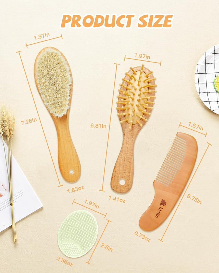 Baby Hair Brush and Comb Set, 4 Pcs Newborn Hair Brush with Soft Bristle, Natural Goat Hair and Wood Baby Cradle Cap Comb for Newborns & Toddlers, Newborn Baby Essentials
