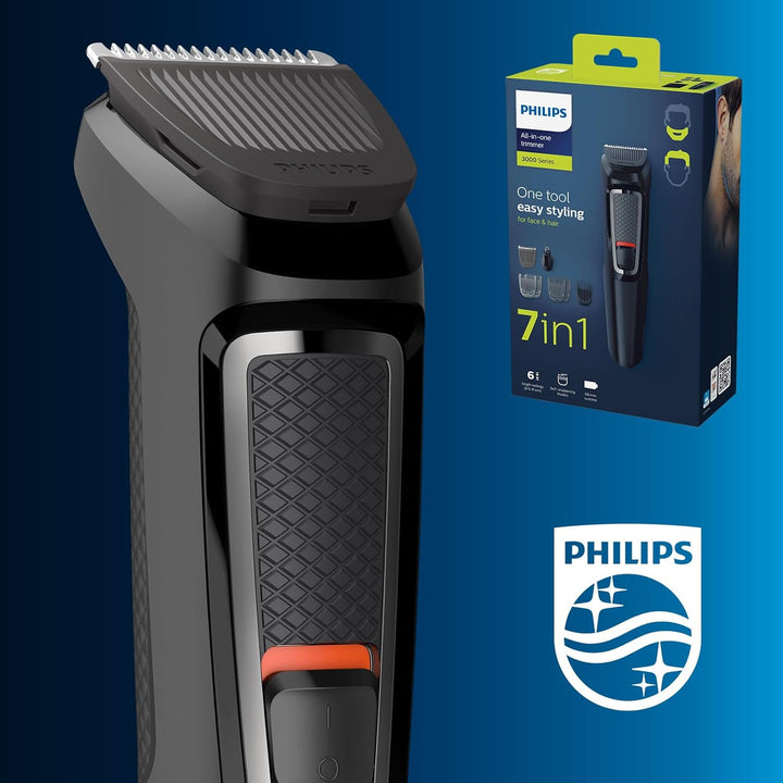 7-In-1 All-In-One Trimmer, Series 3000 Grooming Kit for Beard & Hair with 7 Attachments, Including Nose Trimmer, Self-Sharpening Blades, UK 3-Pin Plug-Mg3720/33