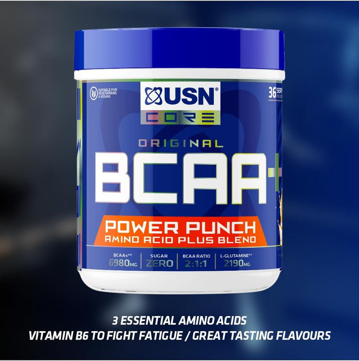 Power Punch BCAA Amino Acids Powder, Tangerine Flavour - 400G, Vegan BCAA Powder, Vitamin B6 & No Sugar, Pre Workout or Intra Workout Energy Drink Mix & Dietary Supplement to Maximise Performance