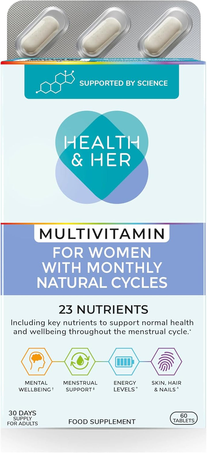 Health & Her Multivitamin for Women with Monthly Natural Cycles - Supplements for Women - Nutrition and Wellbeing Support for Menstrual Cycle - 1 Month Supply, 60 Tablets - Vegan & Gluten Free