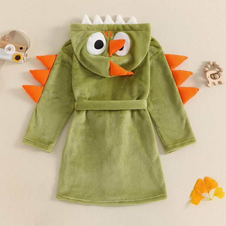 Toddler Boys Girls Bathrobe Cartoon Animal Plush Hooded Long Sleeve Sleep Robe Dinosaur Fleece Pajamas Dressing Gown Soft Cosy Velvet Warm Embroidery Sleepwear