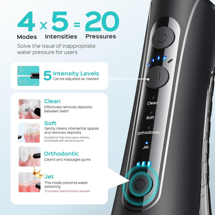 Water Flosser for Teeth Cordless: 4 Modes & 20 Levels - Portable Irrigador Dental for Health - Conscious Sensitive Users Gums - Travel Home Use with 4 Jet Tips