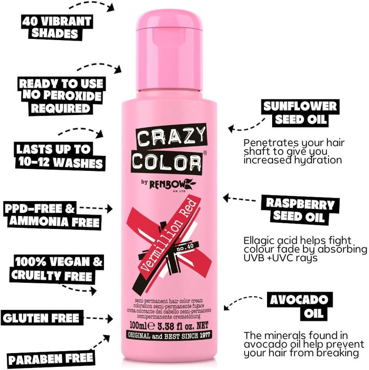 Vibrant Vermillion Red Semi-Permanent Hair Dye. Highly Pigmented Scarlet Red Conditioning & Oil Nourishing Vegan Formula | No Bleach or Ammonia | 100Ml