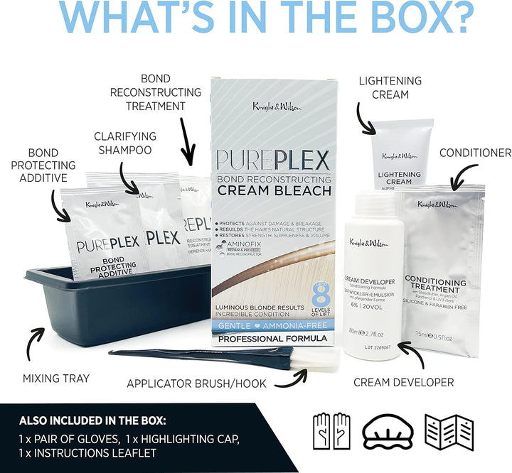 Pure Plex Bond Reconstructing Cream Hair Bleach, Ammonia Free Formulation Lifts up to 8 Shades, Protects & Repairs, While Lightening. Full Hair Bleaching Kit.