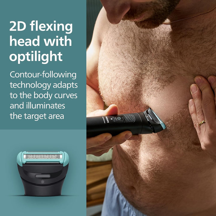 Body Groomer 7000 Series - Trimmer for Men with 2D Flexing Head, Triple Protect Shave System, Interchangeable Heads, Intimate Trim & Shave, 100% Showerproof, 120 Min. Runtime, Model BG7480/15