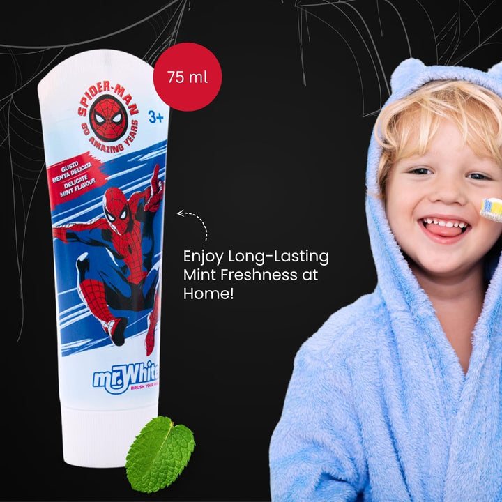 Marvel Spiderman Kids Toothbrush Set - Soft-Bristle Toothbrush with Suction Cup & Protective Cap, Mint-Flavoured Toothpaste, and Multi-Purpose Beaker | Travel-Ready Oral Care Kit for Children Ages 3+